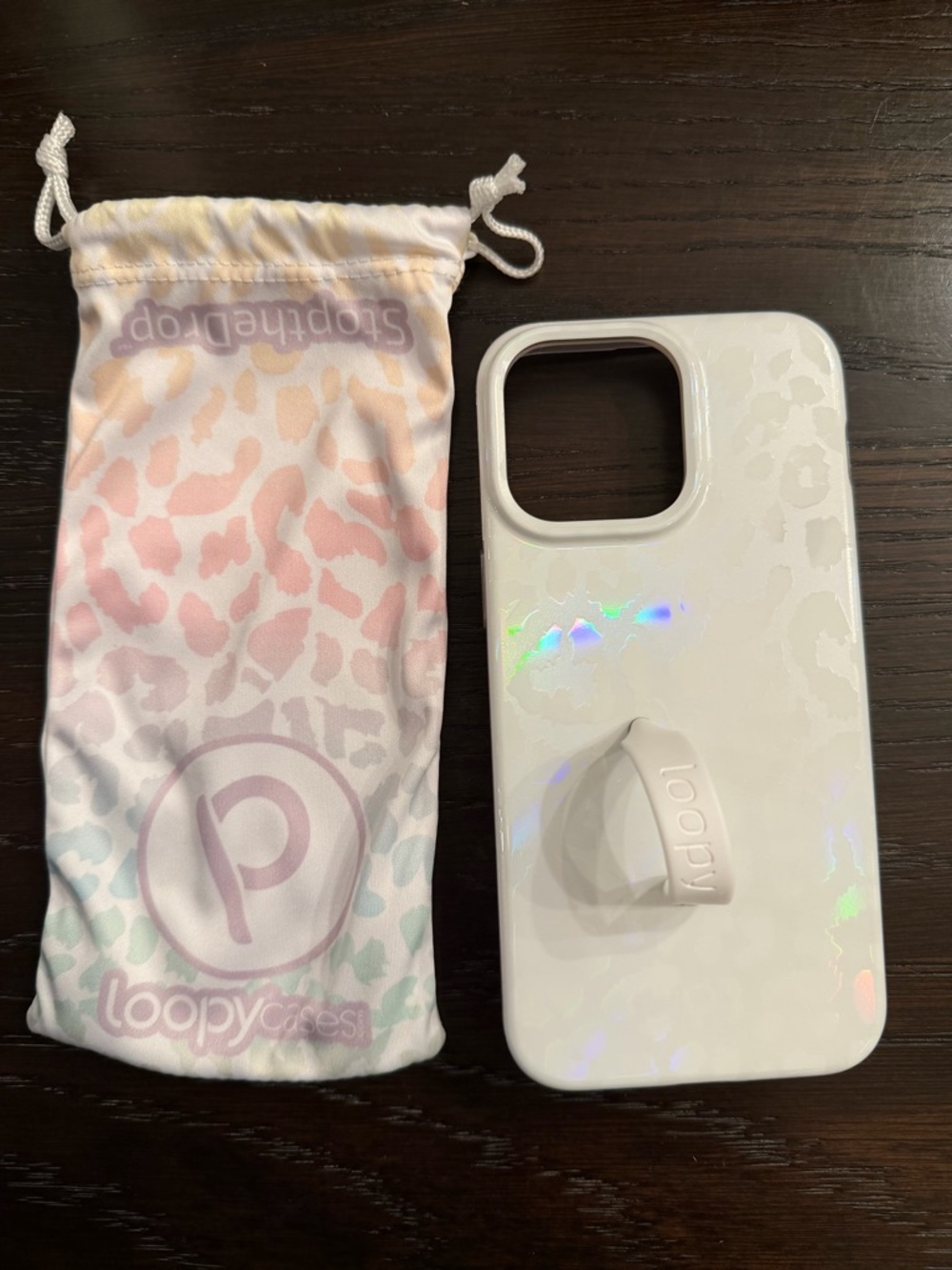 Loopy Case White Holographic Leopard Phone Case with Loopy Grip and Pouch